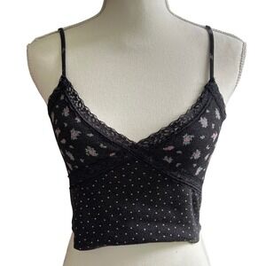 Aeropostale Floral Lace Trim Cami Top Black Women's Y2K‎ Crop Tank Coquette Boho